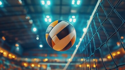 Volleyball in Motion Near the Net in a Sport Arena Setting