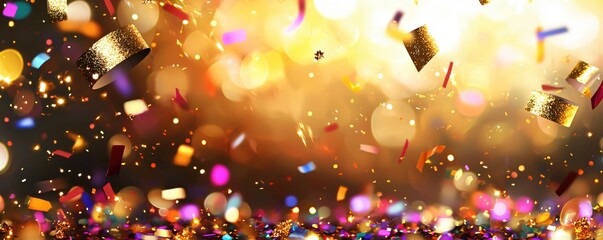 Obraz premium Colorful confetti and shimmering lights celebration background