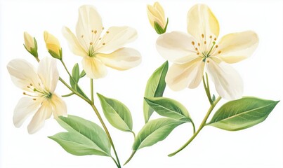 Watercolor illustration spring blossom flowers with light yellow and soft pink petals green leaves isolated on white background
