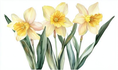 Fototapeta premium Watercolor illustration, spring blossom daffodil flowers with light yellow petals and green leaves, isolated on white background