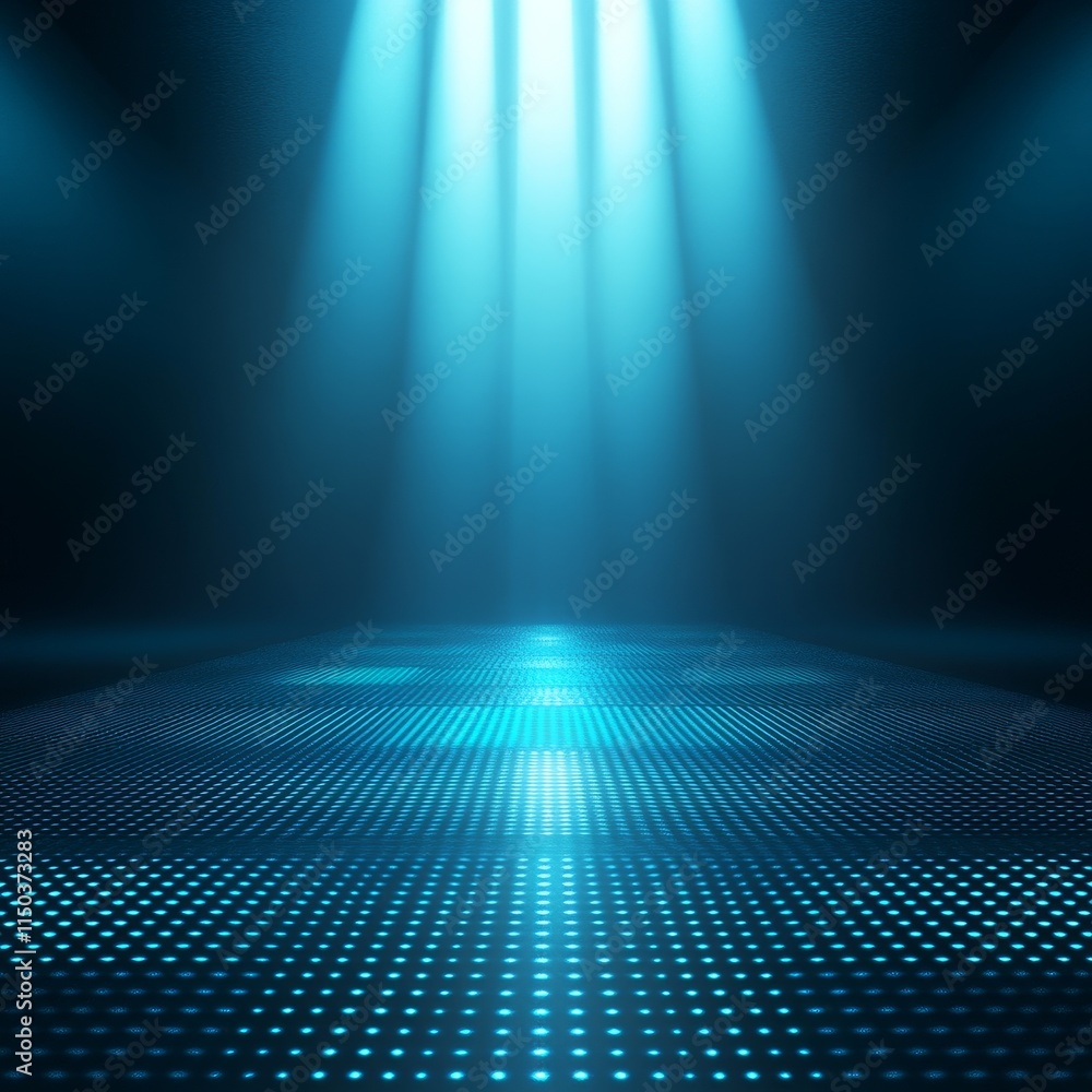 Poster vibrant blue lighting illuminates a dark space with a reflective dot-patterned floor, creating an at