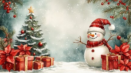 Obraz premium Charming Snowman with Pine Tree and Poinsettias for Yuletide Cheer