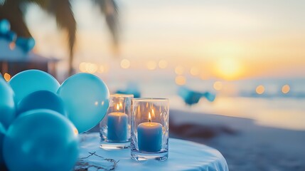 Beachside birthday bash with sea-blue balloons, candles in glass holders and a warm ocean bokeh in the background