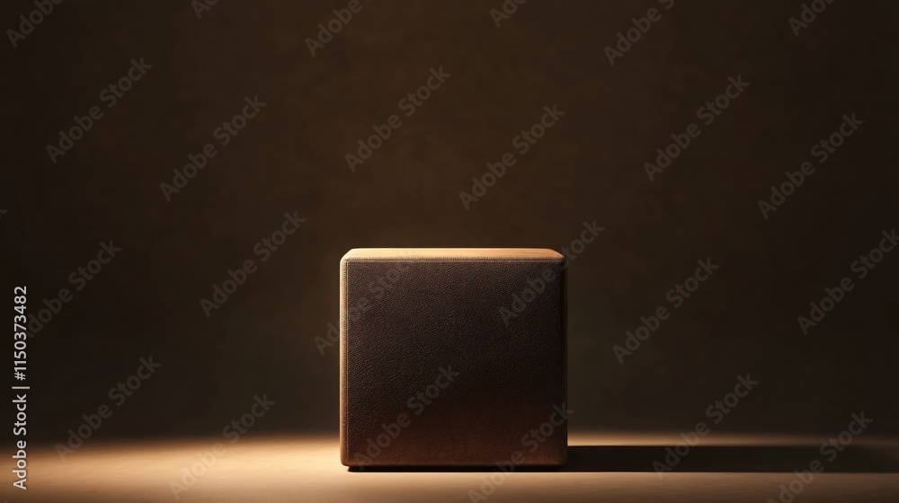 Poster minimalist dark studio scene with isolated single cube object in soft light