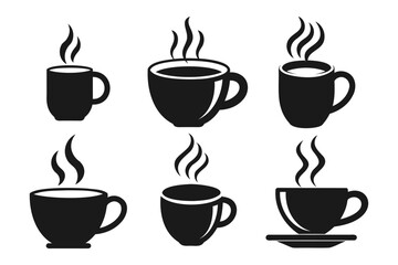 Simple Black and White Coffee Cup Icons with Steam