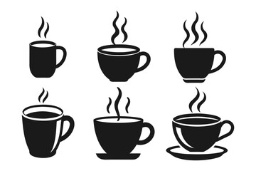 Simple Black and White Coffee Cup Icons with Steam