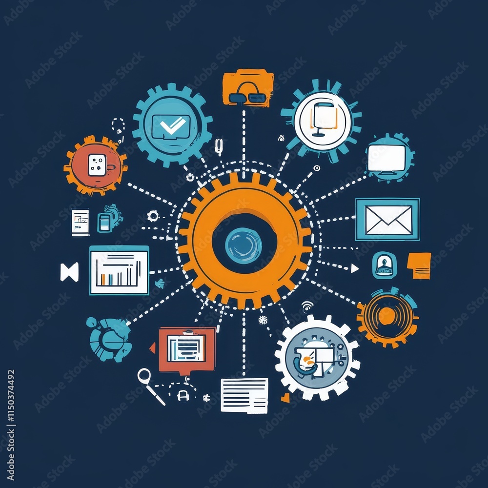 Poster modern technology interconnected through gears showcasing communication and data exchange in a digit