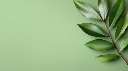 Fototapeta premium A branch of green leaves on a green background