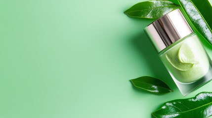 A bottle of green tea face cream next to a green leaf