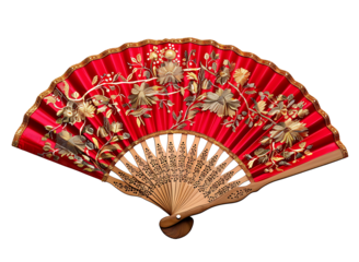 Beautiful golden and red folding hand fan on transparent background. high resolution PNG file