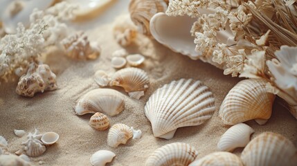 Collection of Beautiful Shells and Dried Flowers on a Sandy Beach Surface