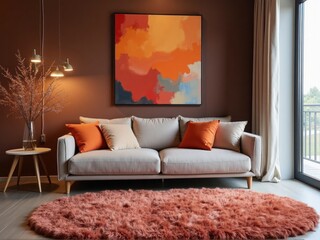 A contemporary lounge area with accent cushions, a plush area rug, and abstract wall art featuring Pantone 2025 Colour of the Year, taken from a low wide-angle view, emphasizing both comfort and style