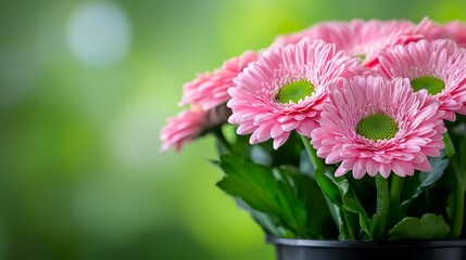 Obraz premium A bunch of pink flowers in a black vase on a table