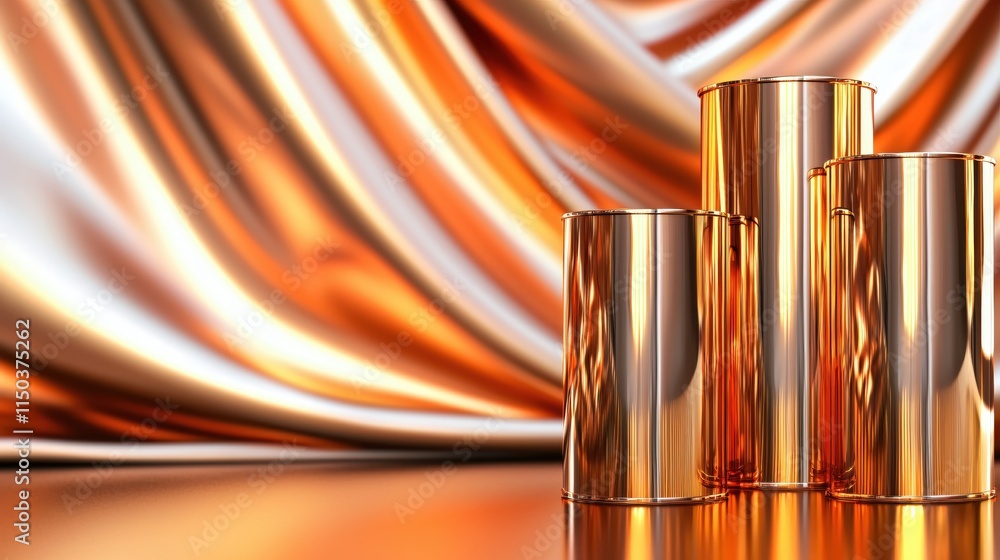 Poster metallic cylindrical objects on smooth shimmering fabric backdrop