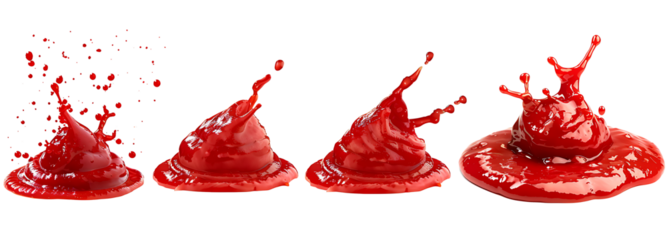 Set of red drops and splashes of ketchup or sauce on transparent background. PNG