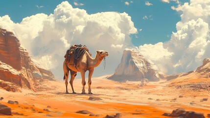 Desert Landscape with Camel and Clouds under Blue Skies