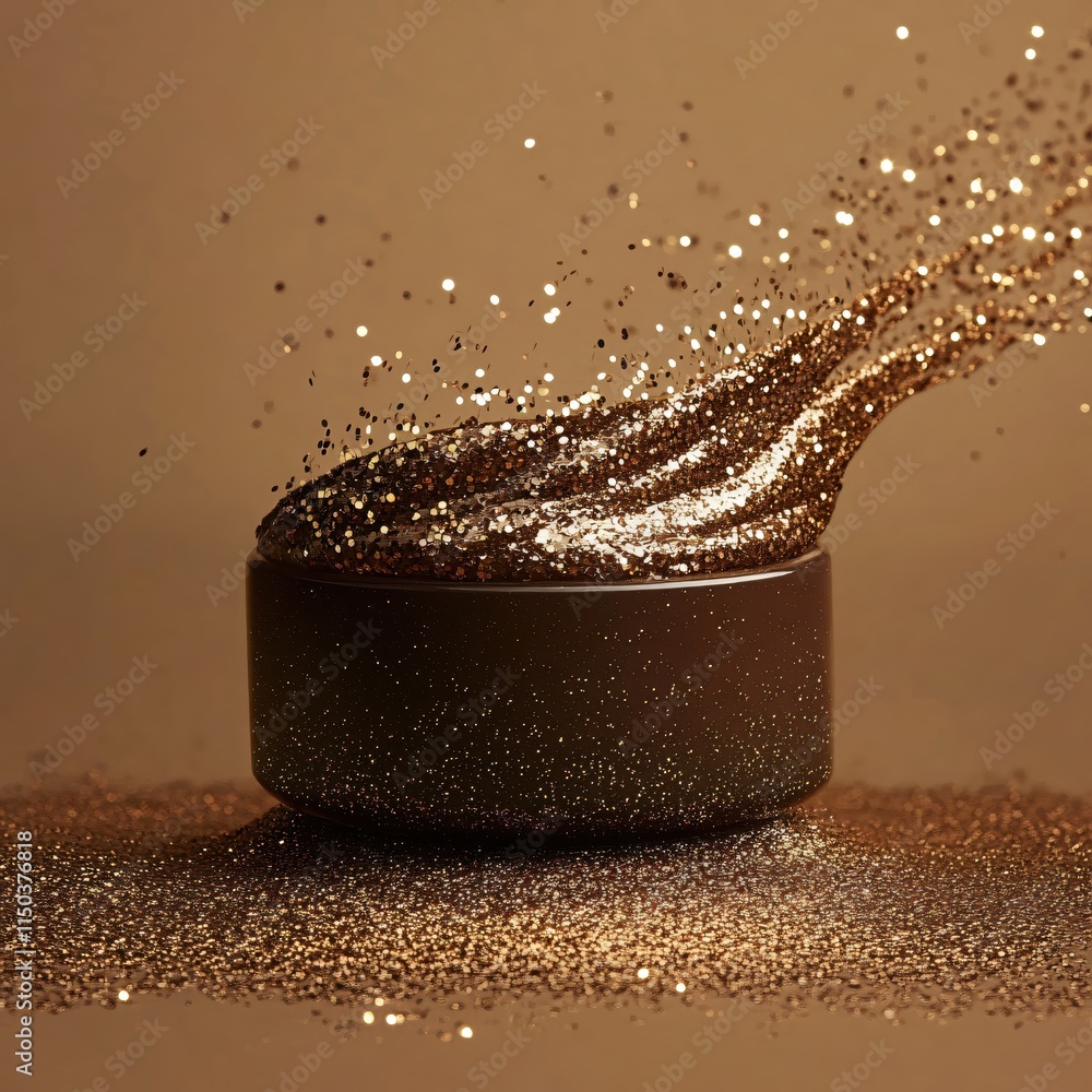 Aufkleber glittering slime in a black container with sparkling dust on a brown background