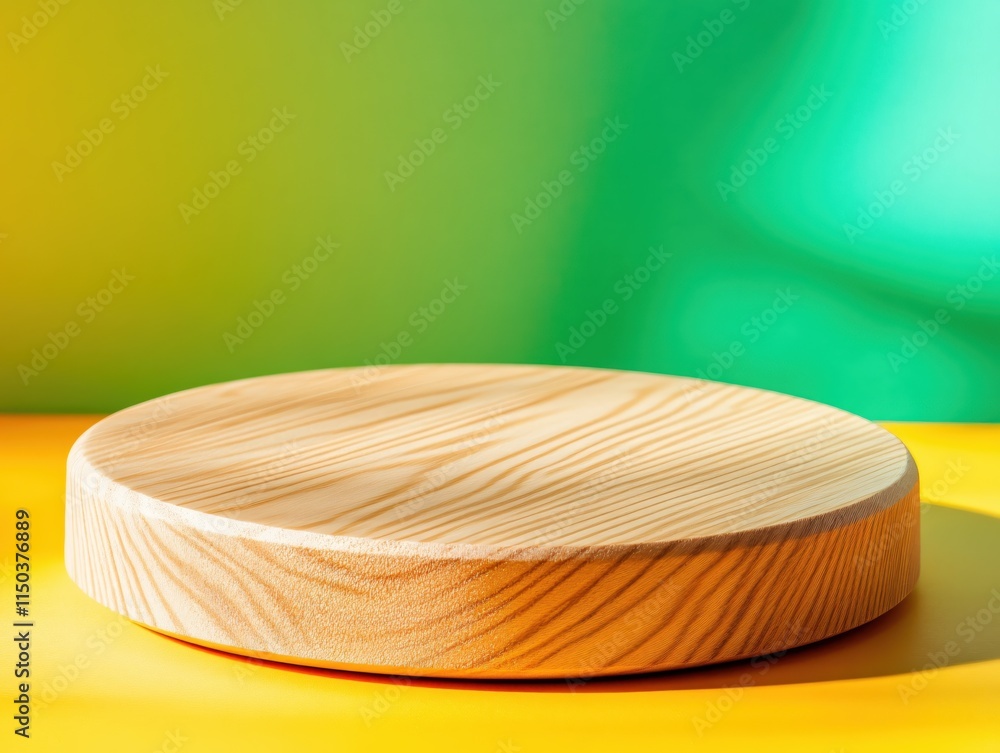 Aufkleber round wooden platform on colorful background for display and presentation