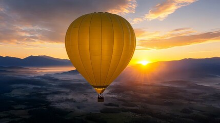 Obraz premium A hot air balloon flying over a valley at sunset