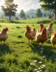 Fototapeta premium Adorable chickens roaming on a lush green meadow, wildlife, meadow