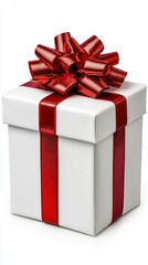 A photostock of a luxurious gift box wrapped in shiny red ribbon, isolated on a clean white background, festive and elegant, High Quality