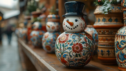 Hand-painted ceramic snowman ornament on display at a Christmas market.