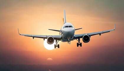 Obraz premium Airplane flying at sunset 