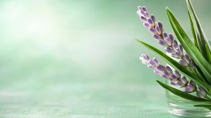 Fototapeta premium A glass vase filled with lavender flowers on top of a table