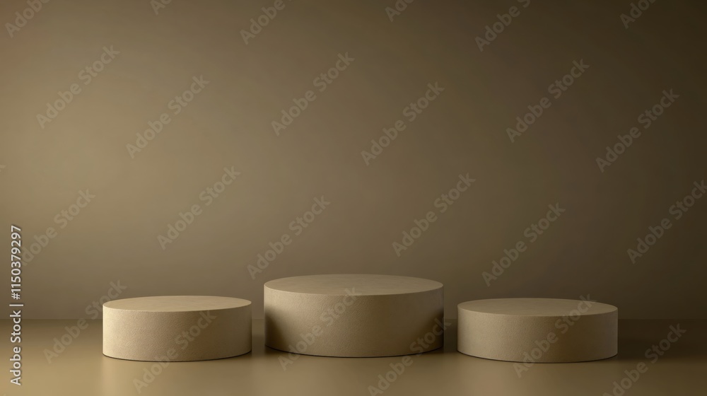 Aufkleber minimalist display platform with round shapes in soft earthy tones and ambient lighting
