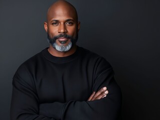 A bald man with a beard and a black sweatshirt with his arms crossed