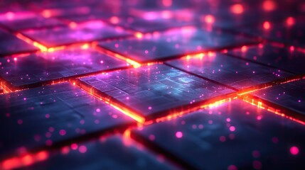 Bright tiled shapes with textures in 3D, representing abstract quantum mechanics, science overlays, moving squares, holograms, neon effects, innovation, wallpaper, and patterns