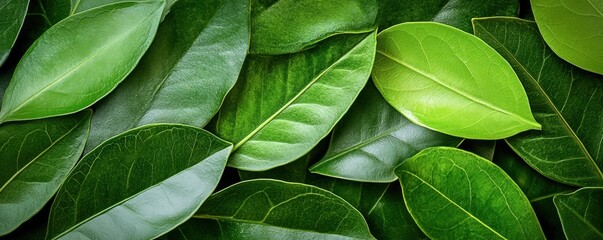 A lush arrangement of various green leaves on a flat surface.