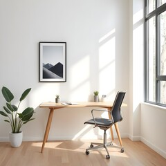 minimalist office space with geometric art poster frame mockup, modern desk and ergonomic chair, light wood flooring, bright and airy interior, simple decor elements