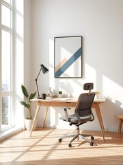 minimalist office space with geometric art poster frame mockup, modern desk and ergonomic chair, light wood flooring, bright and airy interior, simple decor elements