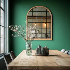 Stylish Dining Table Arrangement With Greenery and Unique Decor in a Modern Interior Featuring a Bold Green Wall and a Decorative Mirror