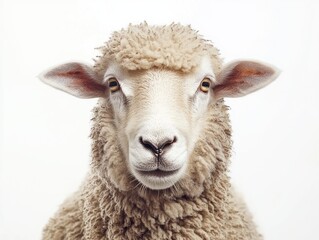 Fototapeta premium A close-up portrait of a sheep with a fluffy coat against a white background.