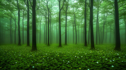 Obraz premium Misty green forest with wildflowers.