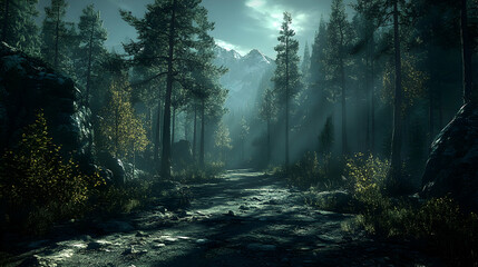Fototapeta premium Misty mountain forest path.
