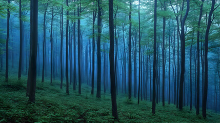 Naklejka premium Mystical blue forest scene at dawn, misty, serene, lush green undergrowth, tall trees.