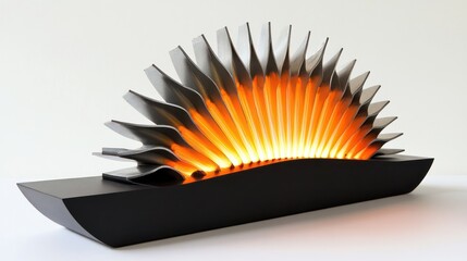Abstract metal sculpture with warm light.