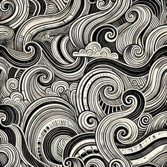 Wavy and curving brushstroke seamless vector design. Bold twists and squiggly motifs in a continuous horizontal banner. Monochrome doodle-inspired wallpaper. Created with generative AI technology