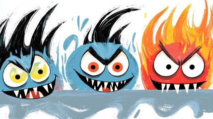 Obraz premium A group of three cartoon monsters with different colored eyes and fangs