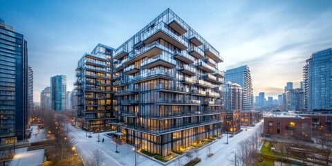 Fototapeta premium Modern urban architecture featuring sustainable design elements like solar panels on apartment buildings