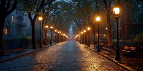 Soft Glow of Old-Fashioned Lighting on Quiet Street in Dusk Atmosphere