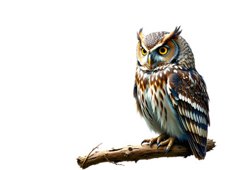 Naklejka premium Swamp owl sitting on a branch on a white background