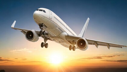 Obraz premium Airplane flying at sunset 