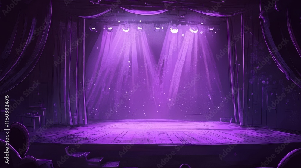 Poster stage prepared for a performance with purple lights illuminating the space and creating a dramatic a