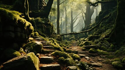 Obraz premium Enchanted Forest Path: A Mystical Journey Through Mossy Stone Steps