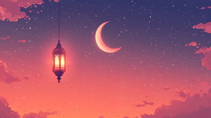 Naklejka premium ramadan eid mubarak simple minimalist background. shinny crescent moon and hanging lantern in sky at sunset time