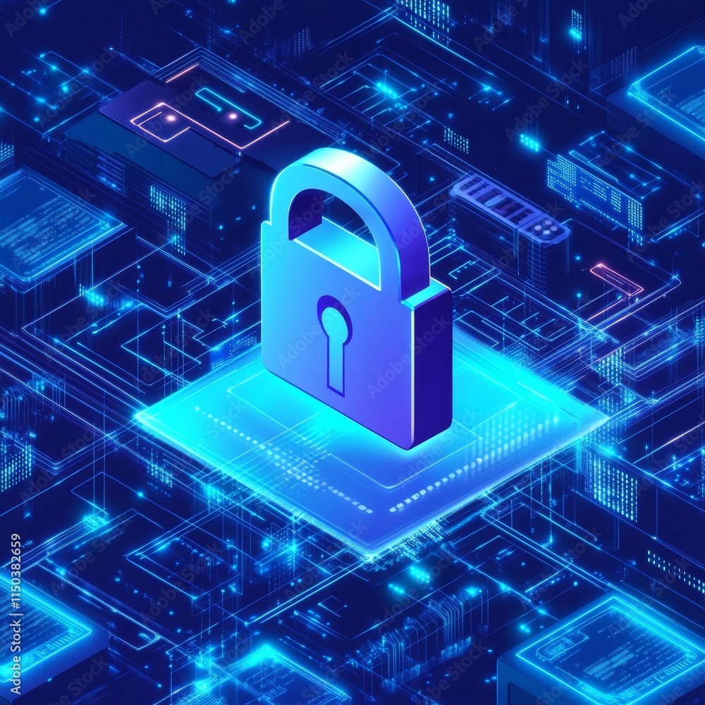 Poster digital padlock surrounded by glowing circuit patterns representing cybersecurity and data protectio